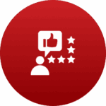Icon of a person rating with five stars and a thumbs-up on red background.