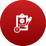 Icon of a clipboard with a gear, clock, and pencil on a red circular background.
