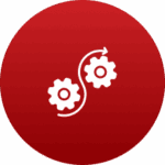 Two white gears connected on a red circular background.
