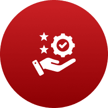 White hand holding a gear with a checkmark and stars on a red circular background.