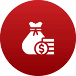 Money bag and coins icon on red background.